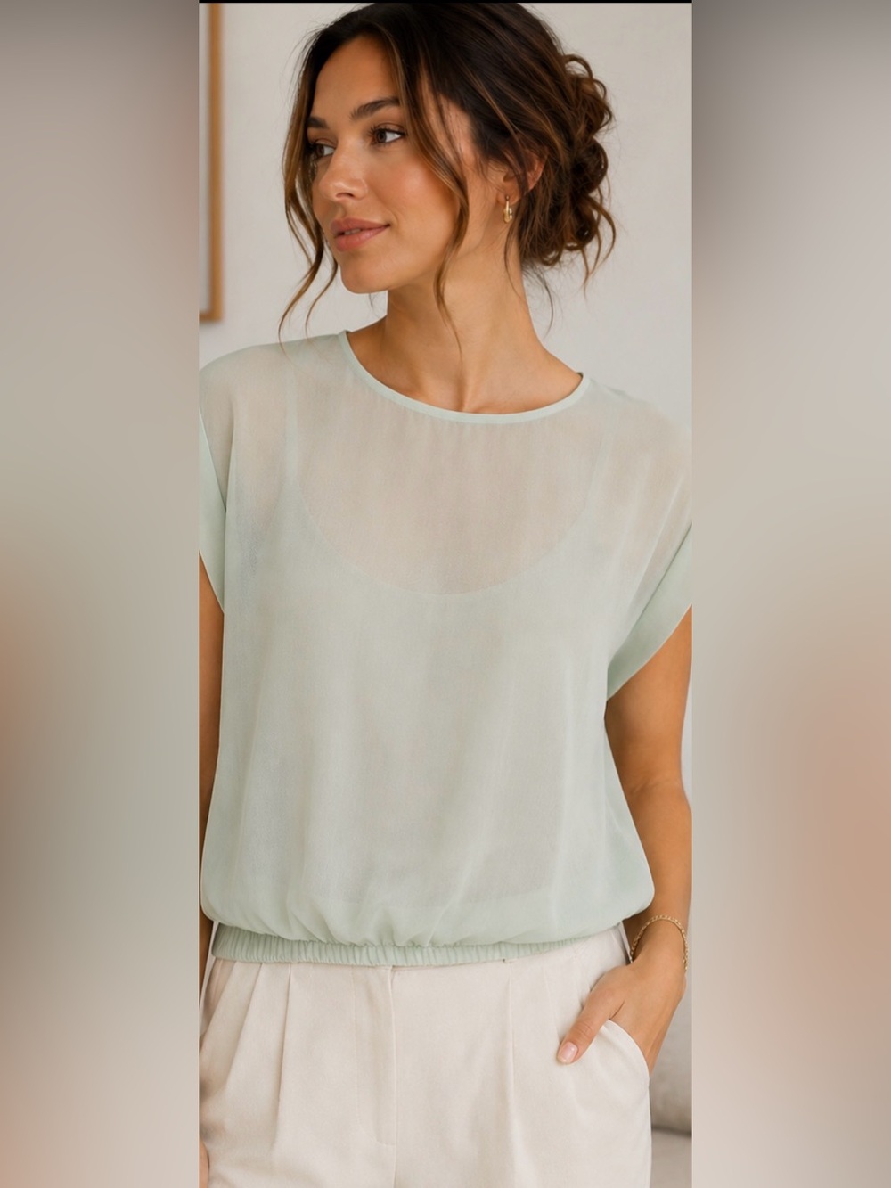 DKNY Mint Green Cap-Sleeve Blouson Top